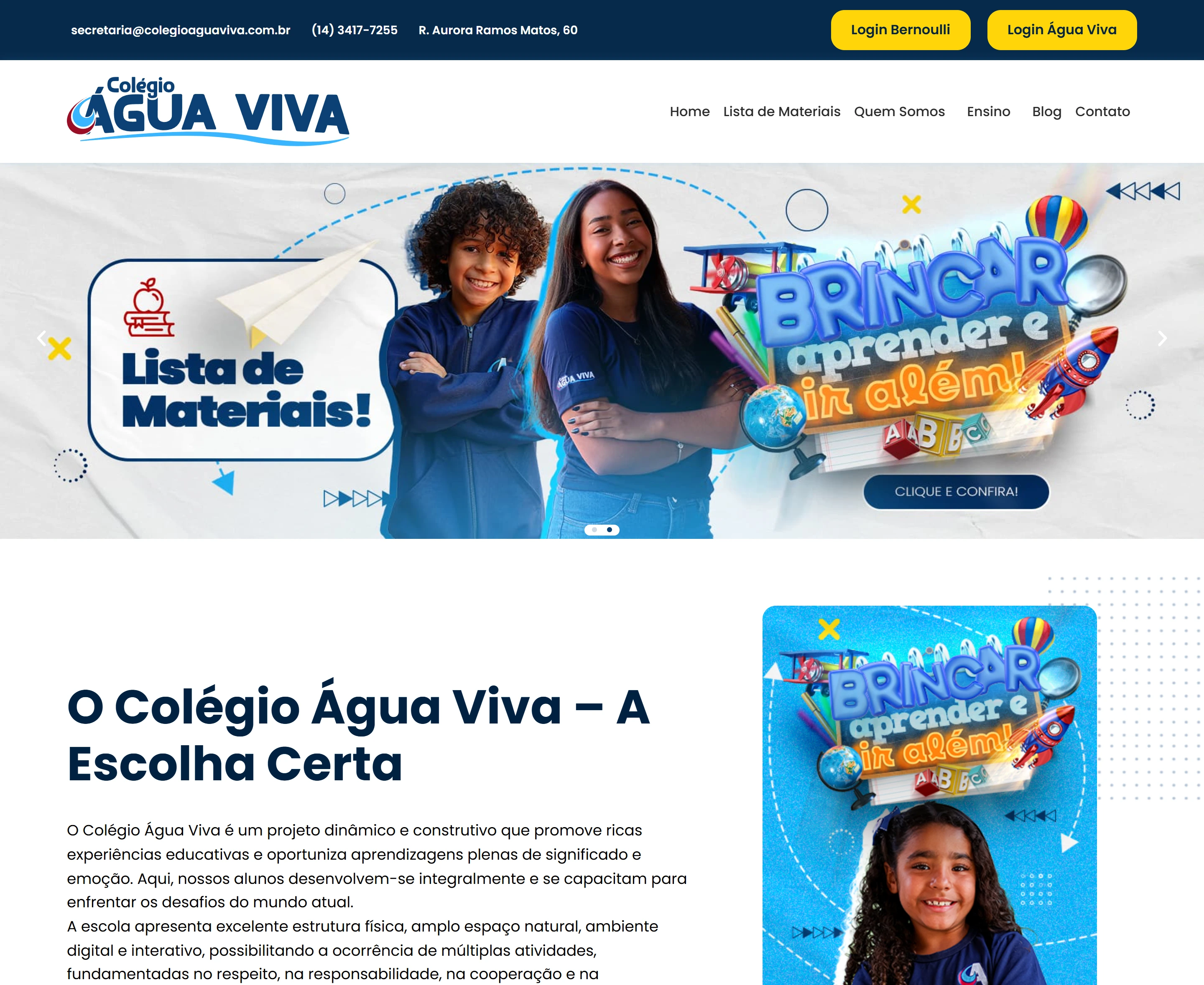Screenshot real da homepage do Colégio Água Viva em desktop