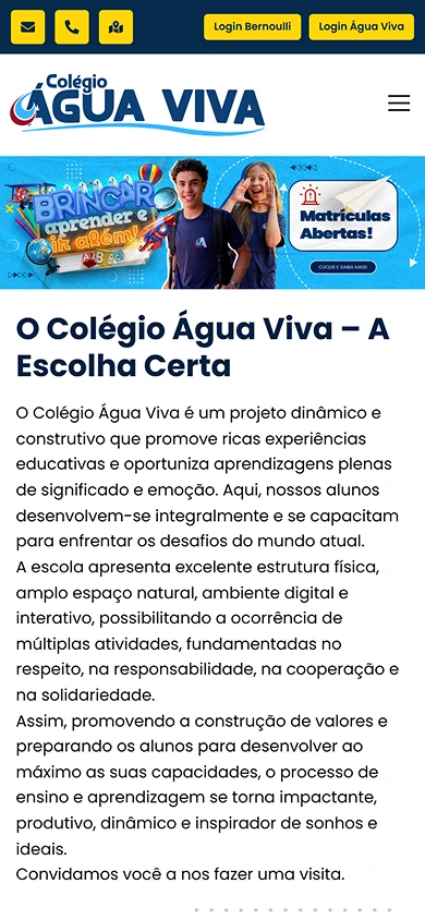 Screenshot real da homepage do Colégio Água Viva em celular